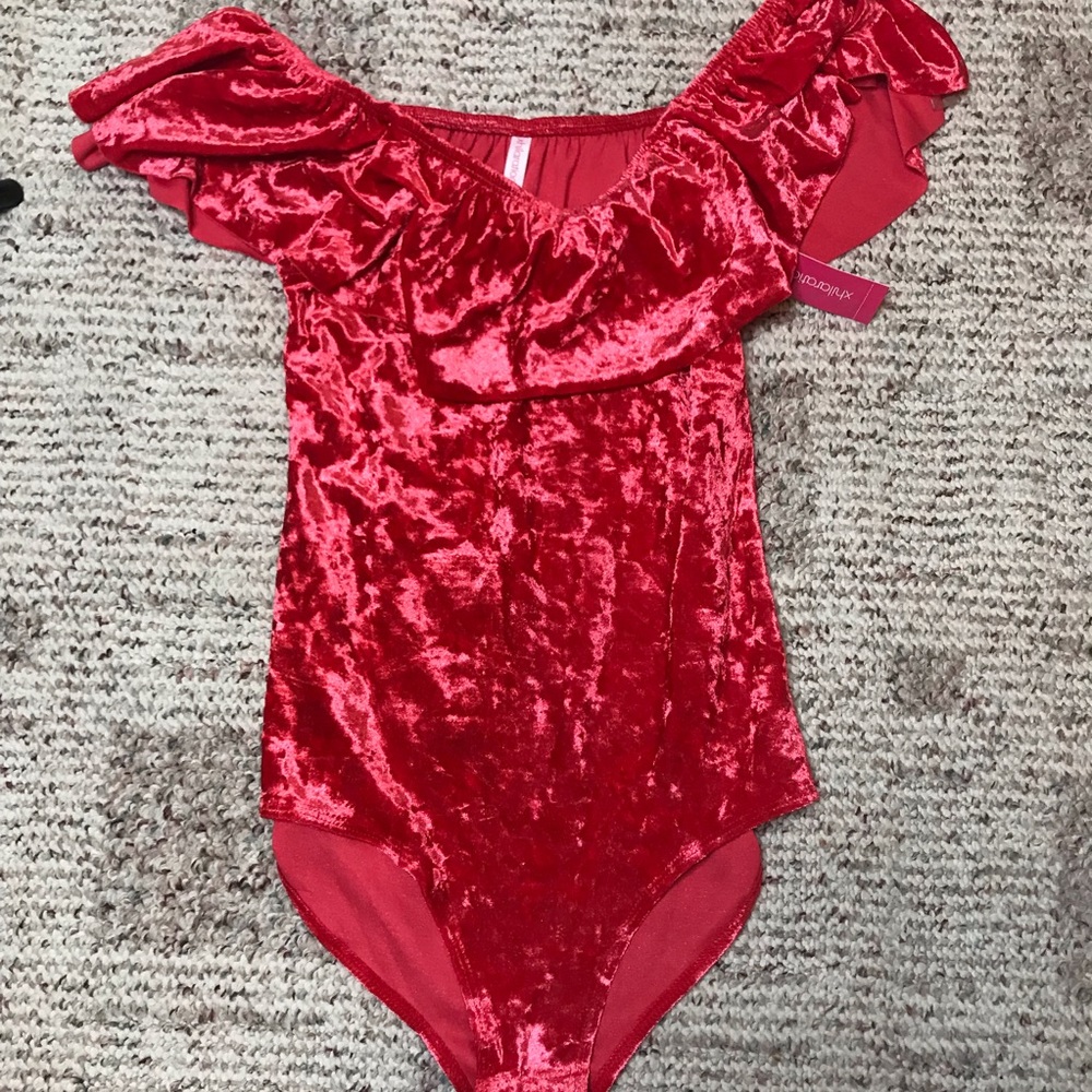 Red Crushed Velvet Off Shoulder Body Suit